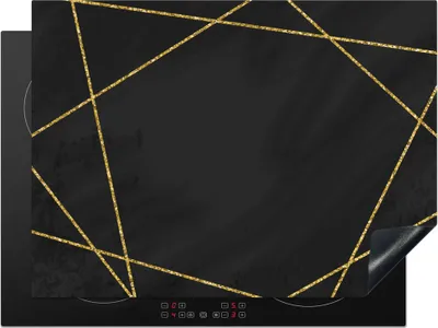 Produktbild von KitchenYeah© Herdabdeckplatte Geometrisches Muster aus goldenen Linien auf schwarzem Hintergrund , 71x52cm, Küche Deko, Glaskeramikkochfeld Herdabdeckung, Abdeckplatte fùr Kochfeld