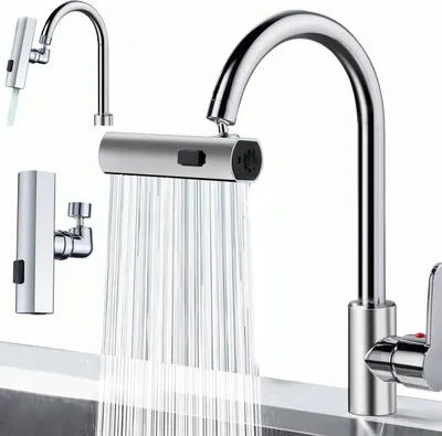 A collage of images showing a kitchen faucet extension with water flowing.
