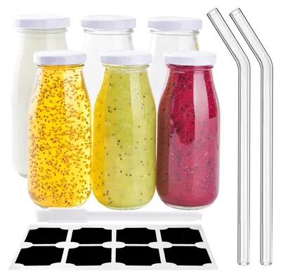 6 Glasflaschen 250 ml mit Deckel, wiederverwendbar, inkl. Trinkhalme