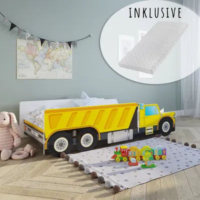 A child's bedroom with a truck-shaped bed and toys on a rug.