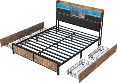 Immagine prodotto di letto matrimoniale in metallo 160 x 200 cm, letto per ragazzi con illuminazione a LED e ripiano, letto contenitore con 4 cassetti, nero