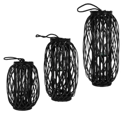 Produktbild von ECD Germany 3er Set Laterne Ried 40, 50 & 60cm mit Henkel Schwarz Rattan Windlicht mit Glaseinsatz Retro-Laterne Handgeflochtene Gartenlaterne
