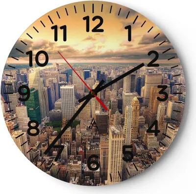 Produktbild von Wanduhr - Rund - Glasuhr - Stadt Wolkenkratzer Amerika Innenstadt - 40x40cm - Schleichendes Uhrwerk - Lautlos - zum Aufhängen bereit - Dekoration Modern - Wanddekoration aus Glas - C4AR40x40-2638
