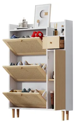Image de Meuble à chaussures en bois et rotin, 3 portes basculantes, pieds en bois, L90×H125×P17 cm,Blanch