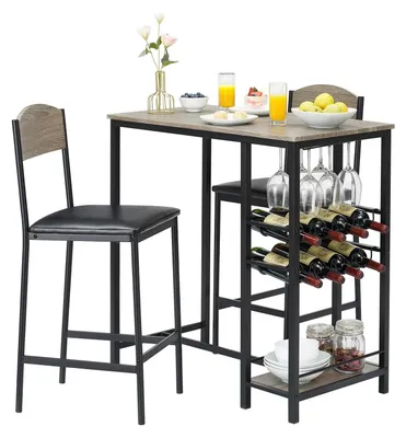 Image de Ensemble de salle à manger - Table de cuisine/salle à manger avec chaises - Piètement en métal - Casier à bouteilles et porte-verres - Chaises rembourrées - Style moderne - Gris
