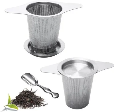 Image de Set à thé avec couvercle et double poignée, filtre à café et à tisane inaltérable pour tasse et théière, infuseur à usage unique, accessoires pour thé en vrac (avec une cuillère doseuse, 2 pièces)