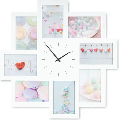 A white collage photo frame with a clock in the center, surrounded by 8 smaller frames displaying various colorful decorative items.
