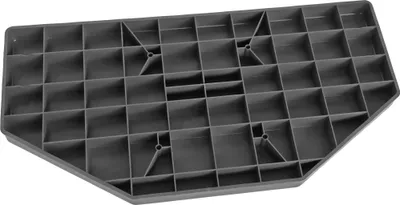 The underside of a gray plastic platform with a grid of squares and support beams.
