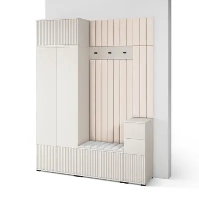 Produktbild von Garderoben-Set Ritmo version 8 – gefräste Kleiderschrank mit Polsterplatten, Schuhschrank, für Flur und Eingangsbereich (Cashmere, Trinity 01)