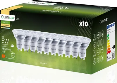 Produktbild von LUMILED 10x GU10 LED stmievateľné 8W 650lm osvetlenie 3000K teplá biela žiarovka bodový reflektor 36° reflektorové lampy reflektor 230V