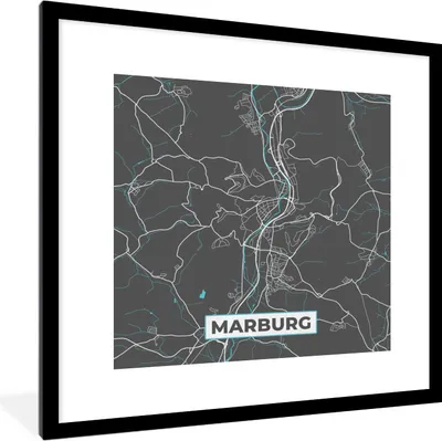 Produktbild von MuchoWow® Gerahmtes Poster Stadtplan - Karte - Marburg - Blau - Deutschland - Karte 40x40 cm - Poster mit Schwarzem Bilderrahmen Wandposter Rahmen Foto Bilder - Poster - Plakat im Rahmen