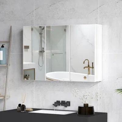Produktbild von Spiegelschrank für das Badezimmer – Hängeschrank – Aufbewahrung für Badartikel – Drei Spiegeltüren – 90 cm breit – Weiß