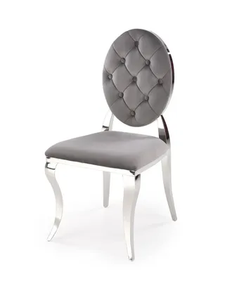 A single gray velvet chair with a silver frame is shown against a white background.