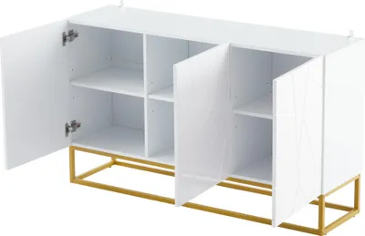 Produktbild von Merax Hochglanz Sideboard 130 cm Weiß – Modernes Anrichte-Sideboard mit Riffeloptik, 3 Türen, verstellbaren Einlegeböden und Metallgestell