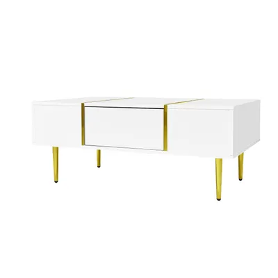 Produktbild von Merax Moderner Couchtisch in Weiß mit Hochglanz, 2 Schubladen, mit goldenen Akzenten und Goldene Metallelemente, Couchtisch für 100 x 60 x 41,5 cm