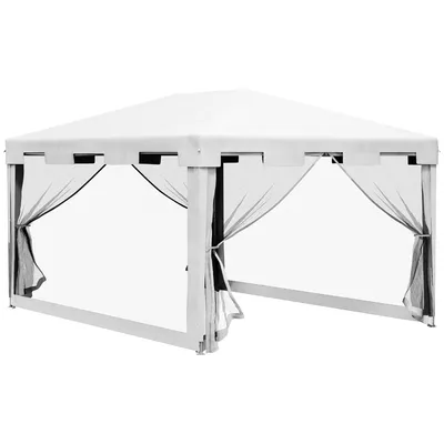Produktbild von Outsunny Pavillon Partyzelt ca. 4 x 3 m Gartenpavillon Gartenzelt Festzelt mit Netz-Seitenwänden für Balkon, Terrasse, Metall PE Weiß