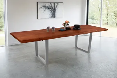 Produktbild von Esstisch mit Ansteckplatten 200(300)x100 cm Baumkante Akazie nussbaum U-Gestell silber CALI
