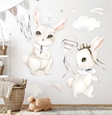 Produktbild von Hasenland – Wandgestaltung – Wandbilder Kinder – Motivtapeten Set – Wanddekor Kinderzimmer – Selbstklebende Wandsticker – 80x114 cm