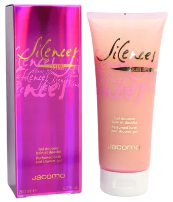 Jacomo Silences Purple Duschgel in rosafarbener Tube mit goldener Schrift, daneben glänzende, pink-lilafarbene Verpackung mit Hologrammeffekt.