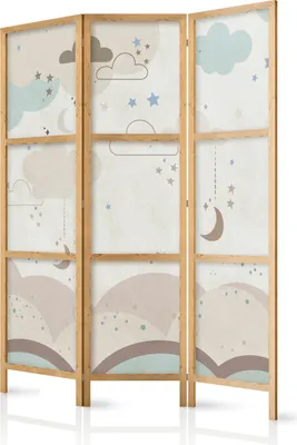 A three-panel room divider with a cloudy night sky design.