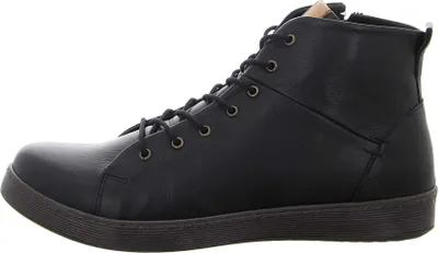 A side view of a black leather boot.