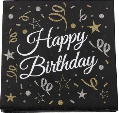 Obrázok produktu pre Servítky Happy Birthday čierne, 33 cm 20 ks