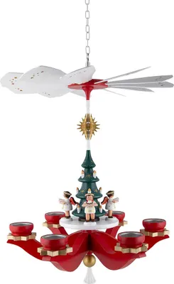 Produktbild von 1-stöckige Hängepyramide Engel, rot (47cm) von Zeidler Holzkunst