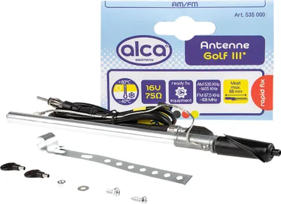 Produktbild von alca® Spezial-Antenne Golf III – für Kotflügelmontage, DIN-Stecker, 88 cm, 16V 75 Ohm, AM/FM, passend für VW Vento & Audi Cabrio
