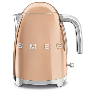 A rose gold SMEG electric kettle is shown against a white background.