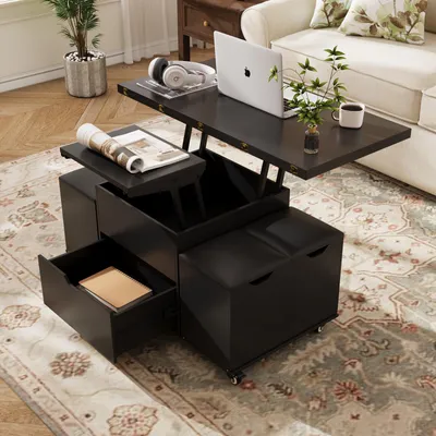 Produktbild von VOWNER Höhenverstellbarer 3-in-1-Multifunktions-Couchtisch mit Schublade & 4 Hockern, umwandelbar in Esstisch (Schwarz)