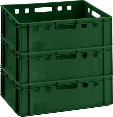 Produktbild von Fleischkisten E2 60x40x20cm Lagerkiste Eurobox aus Deutschland lebensmittelecht, robust, stapelbar , Variante:dunkelgrün 3x