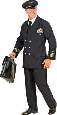 A man in a pilot costume holding a briefcase.