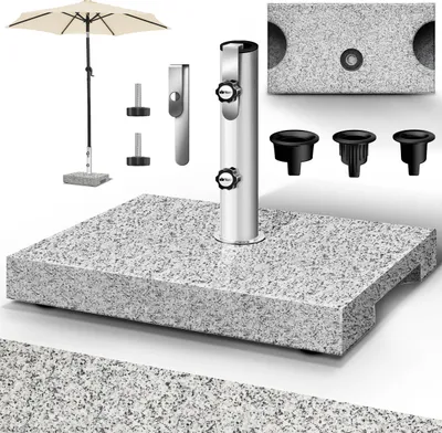 Immagine prodotto di tillvex® Supporto per ombrellone in granito con maniglia di trasporto grigio - 27 kg rettangolare | Supporto per ombrellone con tubo in acciaio inox | Supporto per ombrellone da balcone per pali dell'ombrellone da 16 a 48 mm e diametro dell'ombrellone da 300 cm