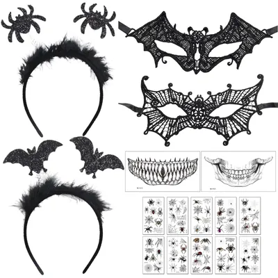 Halloween-Accessoires 7-tlg. – Spinnen-Haarband, Maske, Sticker
