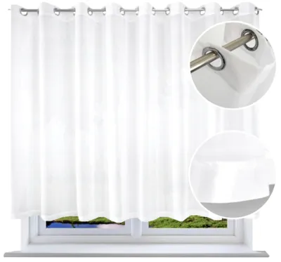 A white sheer curtain with grommets is shown hanging over a window, with a close-up inset of the grommets and the fabric.