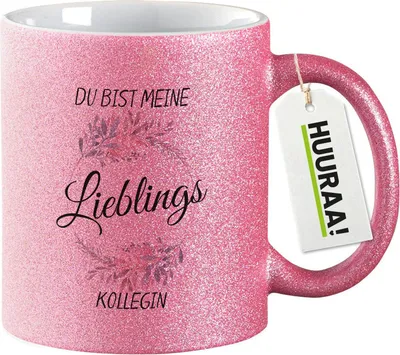 Produktbild von Huuraa Glitzertasse Du Bist Lieblings Kollegin 330ml Pink Keramik Kaffeebecher Geschenkidee