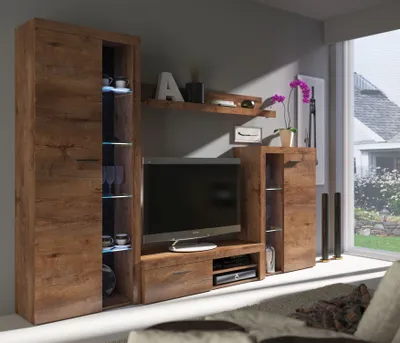 Produktbild von Wohnwand Schrankwand RUMBA TV-Schrank Wandregal 2xVitrine Wohnzimmer Anbauwand Eiche Lefkas