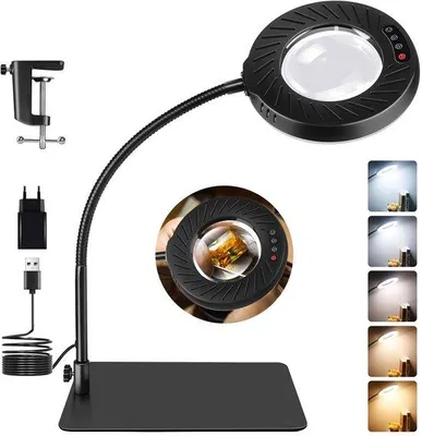 Produktbild von Unyqoos® 12x LED-Lupe mit dimmbarer Beleuchtung, Standfuß & Klemme – 5 Farbtemperaturen, 9 Helligkeitsstufen, flimmerfrei für Präzisionsarbeit