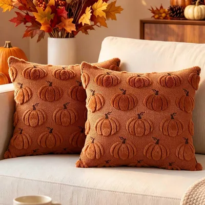 Produktbild von Kissenbezüge Herbst 2 Stück 45x45 cm Plüschkürbis Braun