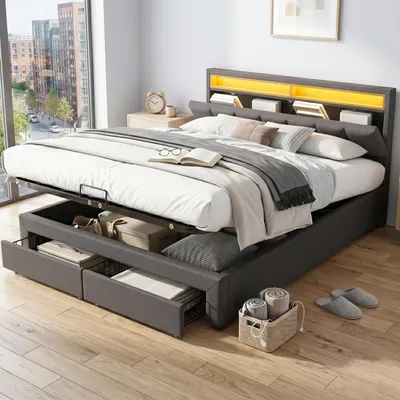 Obrázok produktu pre Postel s čalúneným rámom, rozmer 180x200 cm, tmavosivá, potiahnutá ľanom, s LED osvetlením, úložným priestorom a nastaviteľnou opierkou hlavy, vhodná do spálne