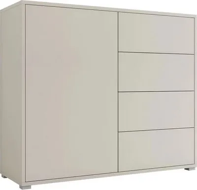 A light gray sideboard with one door on the left and four drawers on the right, shown from a three-quarter angle.
