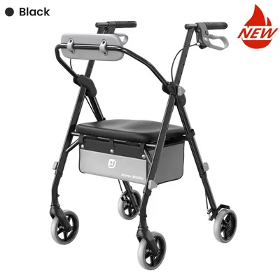 Produktbild von Rollator für Senioren - Faltbar - Belastbarkeit 150 kg - Ergonomischer Sitz mit Rückenlehne - 5-fach verstellbare Armlehnen - Doppelbremsen - Schwarz