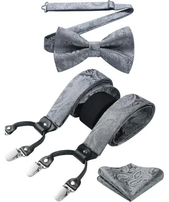 Produktbild von Hosenträger Herren 3,5 cm Y-Form 6 Clips Elastisch Längenverstellbar 130 cm Fliege Einstecktuch 3er Set Grau Paisley