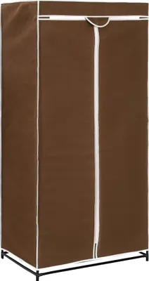 A brown fabric wardrobe with a white zipper and trim, standing on a black metal frame.
