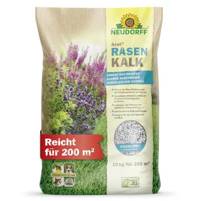 Produktbild von Neudorff Azet RasenKalk staubarm schnell löslich verhindert die Bildung von Moos, sorgt für einen gesunden gleichmäßig grünen Rasen 10kg 200m²