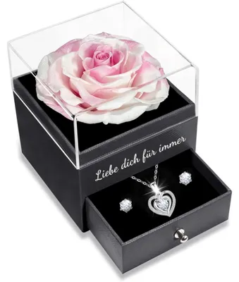 Productafbeelding van Eeuwige roos met collier en oorbellen van 925 sterling zilver, cadeau set, wit/roze