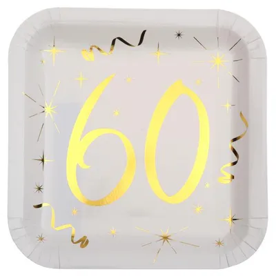 Produktbild von 10 Papp-Teller Geburtstag 60 weiß-gold