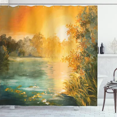 Produktbild von ABAKUHAUS Land Duschvorhang, Retro Seenlandschafts-Kunst, Waserdichter Stoff mit 12 Haken Set Dekorativer Farbfest Bakterie Resistet, 175 x 180 cm, Grün-orange-blau