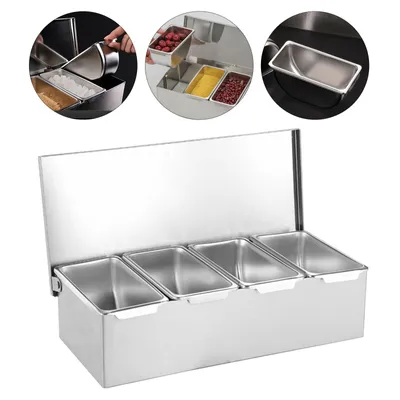 Image de 4 grilles Récipient à ingrédients Acier inoxydable Boîte à ingrédients Récipient à garnitures Fruits Récipient à épices argenté