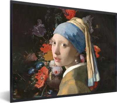Produktbild von MuchoWow® Gerahmtes Poster Das Mädchen mit dem Perlenohrring - Vermeer - Blumen 80x60 cm - Poster mit Schwarzem Bilderrahmen Wandposter Rahmen Foto Bilder - Schwarzem - Mit Gestell